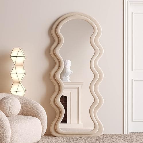 BOJOY 63"x24" Irregular Wavy Mirror, Wall Mount, Modern Bedroom Mirror, Milk Tea Color - Image 1