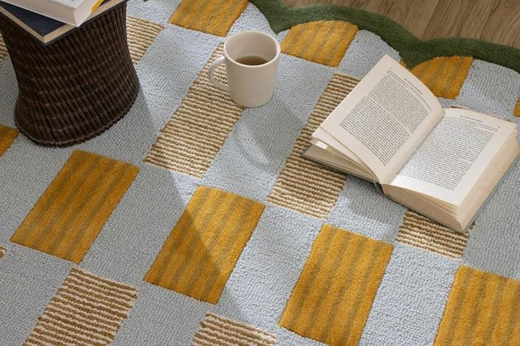 Hand-Tufted Wool Rug with Scalloped Edges, Light Blue Plaid Pattern, Cozy Soft Area Rug for Living Room, Bedroom, and Nursery, Handmade Modern Accent Rug, 5x8 Ft thumbnail 3
