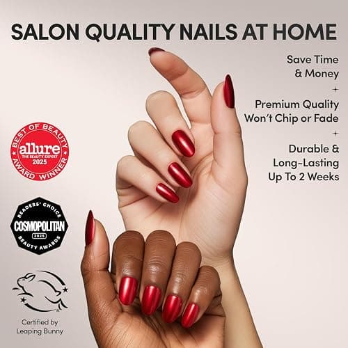 Glamnetic Press On Nails - Short Round, Glazed Fake Nails 30 Pc Full Kit | Cherry red press on nails, 15 sizes. High-shine glue-on set. Waterproof, chip-resistant, up to 2 weeks wear thumbnail 2