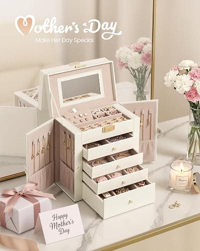 SONGMICS 5-Layer Jewelry Box Organizer with 4 Drawers, Jewelry Storage Case with Lock and Mirror, Large Storage Capacity, Gift for Loved Ones, for Necklaces, Watches, Cream White UJBC153WD01S thumbnail 3