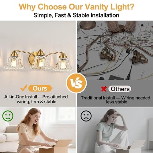 Meybiok Vintage Bathroom Light Fixtures, 3-Light Gold Vanity Light for Bathroom with Clear Flower Glass Shades, Vanity Lighting Fixtures Over Mirror (Exclude Bulb) thumbnail 5