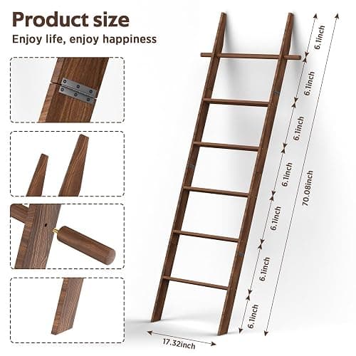 chilinii Farmhouse 6 Ft Wooden Blanket Ladder with Removable Hooks, 6-Tier Rustic Blanket Rack Decorative Stand, Leaning Towel Quilt Rack Holder for Bathroom Living Room Decor Brown thumbnail 3