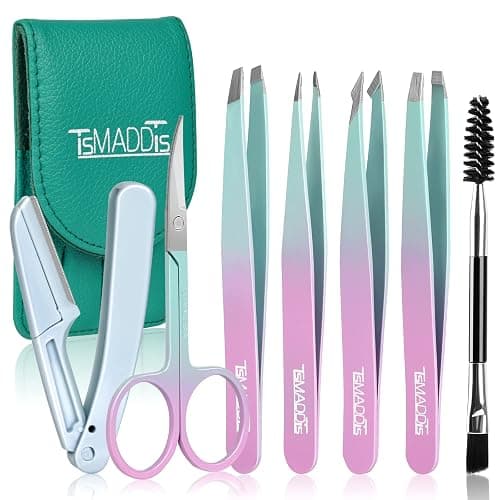 TsMADDTs 7PCS Tweezers for Women Facial Hair, Precision Tweezer Set for Eyebrows with Curved Scissor and Eyebrow Razor for Ingrown Hair - Image 1
