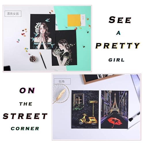 Rainbow Scratch Painting Paper By BOTEEN, City Series Night Scene,Scratch Painting Creative Gift,Scratchboard for Adult and Kids,with 4 Tools,Size:11.7''x8.3''（8pack） - Street corner&pretty girl thumbnail 6