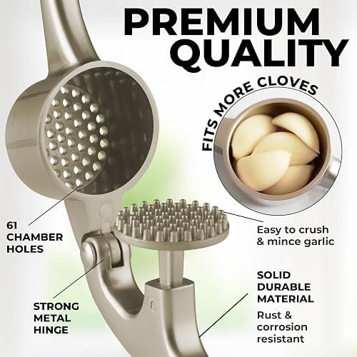Zulay Kitchen Large Premium Garlic Press Set - Bigger Bowl for Bigger Garlic - Rust Proof & Dishwasher Safe Garlic Mincer Tool - Easy-Squeeze, Easy-Clean Silicone Garlic Peeler & Brush (Silver) thumbnail 7