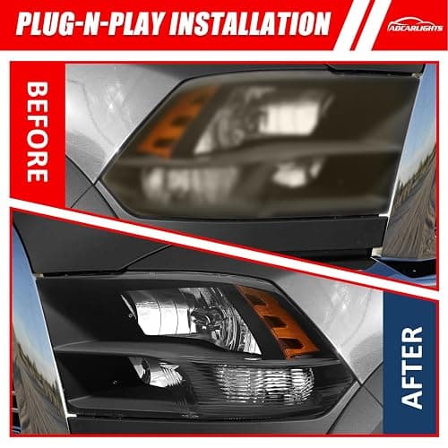 ADCARLIGHTS for 2009-2018 Dodge Ram Headlight Assembly compatible with 2009-2018 Ram 1500/2010-2018 Ram 2500 3500 Black Housing Amber Reflector Headlamp Replacement Left and Right thumbnail 5