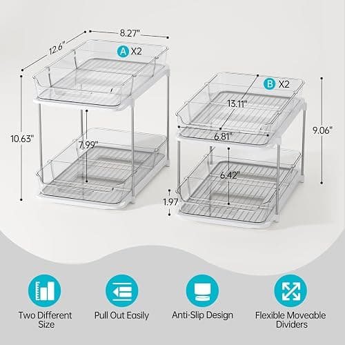 Delamu 4 Pack 2-Tier Bathroom Under Sink Organizers and Storage, Multi-Purpose Stackable Pantry Organization and Storage, Pull Out Clear Kitchen Bathroom Cabinet Organizer with Movable Dividers, White thumbnail 2