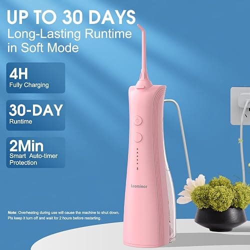 Leominor Water Dental Flosser - 5 Modes Cordless Portable Oral Irrigator, IPX7 Waterproof, Rechargeable Teeth Cleaner Upgrade Datchable Tank Professional Flossing Cleaning Pick for Home Travel (Pink) thumbnail 7