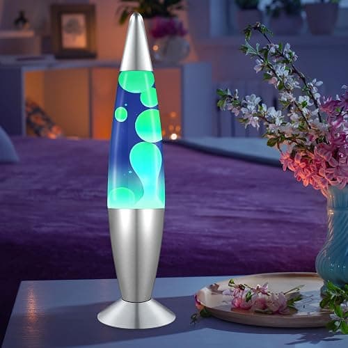 JAMBO 16" Beautiful Lamp- Blue with Yellow/Green Wax, Relaxing Liquid Light, Night Light Nightlight, Home Decor Living Room Office Bedroom Lamp for Adults Teens Kids, Magma Motion - Silver Base, Blue Liquid, Yellow Wax - 16" thumbnail 4