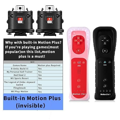 PaveRovi 2Pack Motion Plus Wii Controllers with Nunchucks,Wii Remote Controllers with Built in Motion Plus Compatible for Wii/Wii U Consoles(Red+Black) thumbnail 2