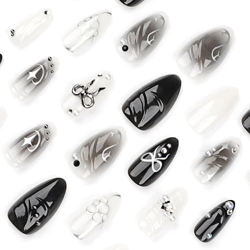 MouyouGlow Press on Nails Kurz,Almond Schwarz Airbrushing Stern 3D Bubble Ribbon Bow Tie Schleife Perle Fake Nails mit Nagelkleber,Cool Y2K Coquette Künstliche Fingernägel thumbnail 2