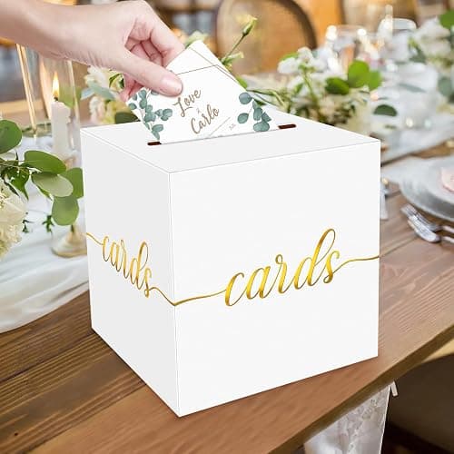 LIKAJON 1 Pack White and Gold Foil Card Box for Party, 8.7" White Gift Card Box for Birthday, Wedding, Baby Shower, Retirement, Anniversary, Bridal Shower, Graduation, Raffle Ticket thumbnail 2