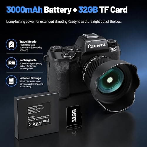 Cameras for Photography, 64MP Dual Lens Vlogging Camera & 32GB Card (Black) | 8K Digital Camera with 4" Touch Screen, LED Fill Light, 3000MAh Battery, Lens Hood, Hot Shoe & 32GB TF Card thumbnail 6