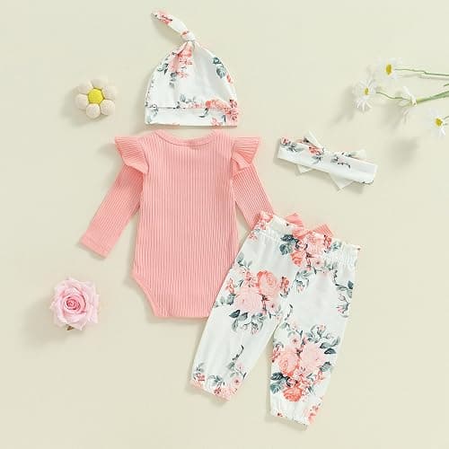 mlpeerw Newborn Baby Girl Clothes Outfits New To The Crew Bodysuit Romper Floral Pants Headband Hat Coming Home Outfit thumbnail 7