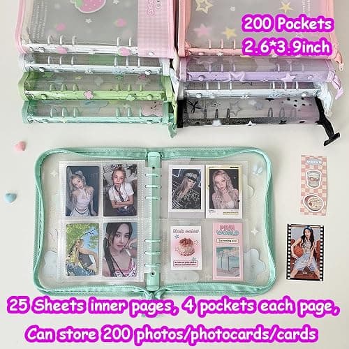 Lora Rossie Kpop Photocard Binder Kpop Photocard Holder Book with Kpop Photocard Korean Stickers, A5 Binder Photocard Album 25 Inner Pages with 200 Pockets 6 Ring Photocard Binder Kpop (Purple Star) thumbnail 3