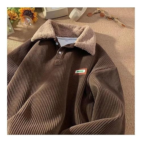 ITAMCO Oversized plus velvet padded corduroy button-down sweatshirt pullover warm contrasting polo hoodie(Brown,Medium) thumbnail 2