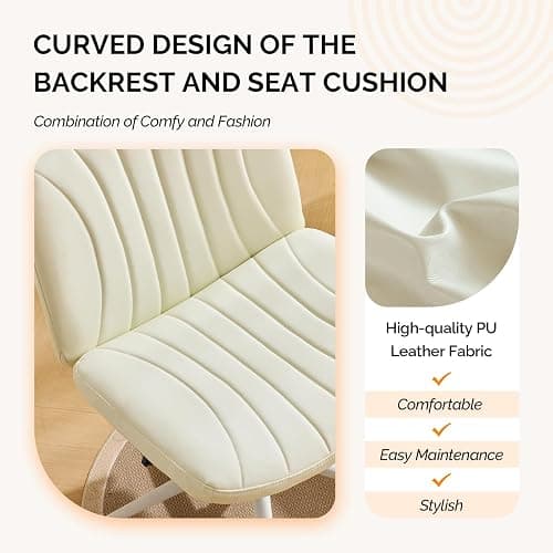 VINGLI Criss Cross Legged Chair,Wide Comfy Office Desk Chair,Dual-Use with/no Wheels Computer Task Chair,Swivel Armless Vanity Rolling Chair for Study,Make Up,Home Office,Cat Scratch PU Leather,Beige thumbnail 5
