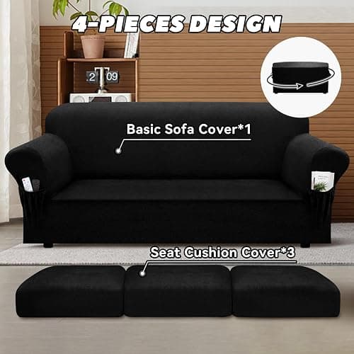 Pfrstuv Sofa Slipcover with Armrest Pockets 4-Piece Set, Stretch Faux Leather Couch Cover for 3-Cushion Couches(Fits 72-92") - Non-Slip, Machine Washable, Pet & Kid Friendly - Black thumbnail 6