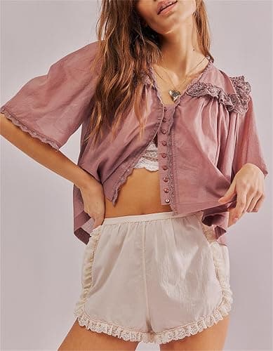 Women Lace Trim Cardigan Shirt Short Sleeve Button Down Ruffle Hem Blouse Summer Boho Tops Y2K Going Out Tops thumbnail 4