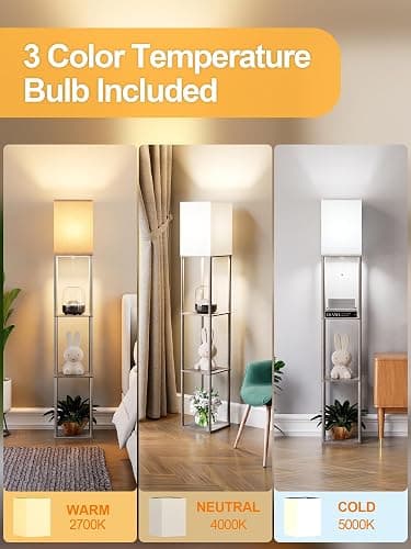 Floor Lamp with Shelves for Living Room 2 Pack Oak Gray, Shelf Floor Lamp with 3 CCT LED Bulb, Corner Display Standing Column Lamp Etagere Organizer Tower Nightstand with White Linen Shade for Bedroom thumbnail 3
