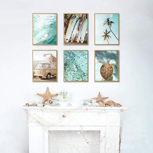 Laywhq Coastal Beach Wall Art Summer Ocean Surf Tropical Canvas Wall Decor Summer Nautical Palm Tree Turtle Surfboard Bus Room Paintings Prints Posters for Bedroom Living Room Set of 6 8x10in Unframed thumbnail 3