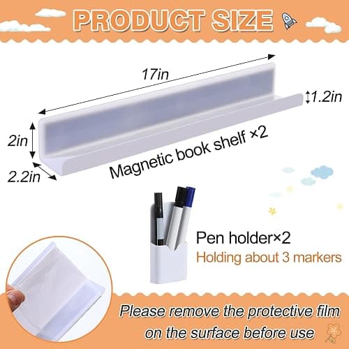 Apipi 17" Acrylic Magnetic Book Shelf & Pen Holder Sets for Whiteboard | White Board Accessories, Classroom Must Haves, Stable Books Display Shelves, Teacher Essentials, Holds up to 8 lbs, White thumbnail 2
