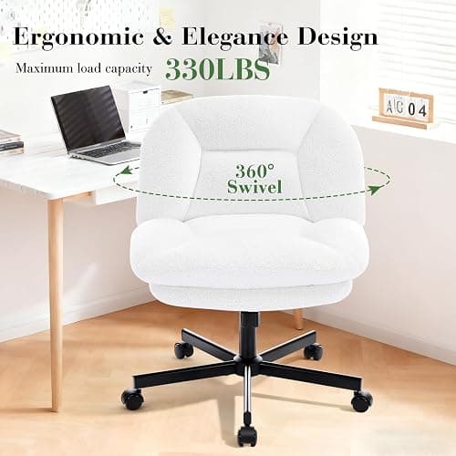 shipborne Cross Legged Office Chair, Thick Cushioned Criss Cross Chair with Wheels, Wide Seat Armless Office Chair, Height Adjustable Swivel Vanity Chair for Home and Office, White thumbnail 6