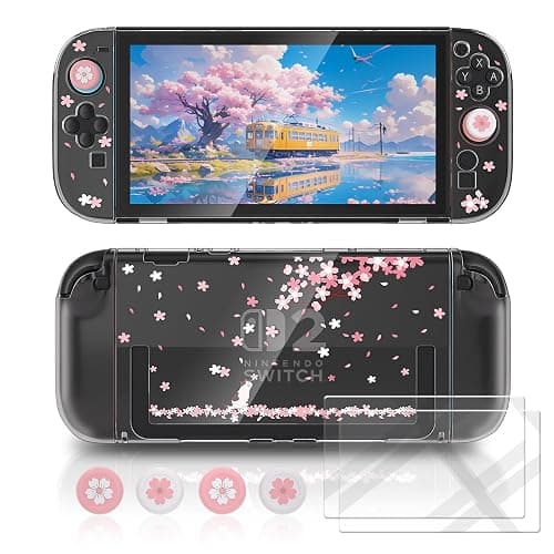 NANANINO Switch 2 Case for Nintendo Switch 2, Dockable Clear Protective Cover with Cherry Blossom Cat Design, Tempered Glass Screen Protector & Thumb Grips, Kawaii Pink Case for Girls - Image 1