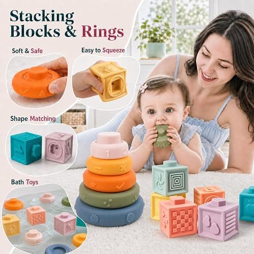 6-in-1 Montessori Baby Toy Set with Wooden Shape Sorter Xylophone Teether | 5 Stacking Rings, 6 Building Blocks, 20 Shape Blocks, Sensory Cube, Stacking, Sorting, Matching, Fine Motor Play, Baby Gift thumbnail 5
