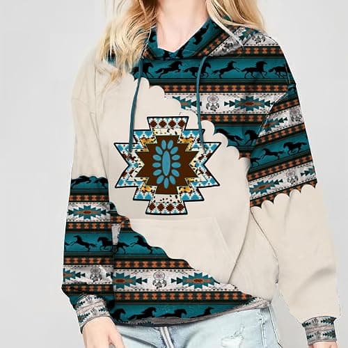 Lanaoree Women's Geometric Horse Print Aztec Hoodie Pullover Cowgirl Western Hooded Sweatshirt S-2XL thumbnail 3