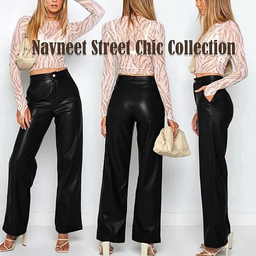 Navneet Women Faux Leather Pants PU High Waist Straight Leg Pant with Pockets Leather Leggings Bell Bottom Flare Pants thumbnail 4
