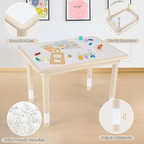 DOREROOM Kids Table & 4 Chairs, Height Adjustable (17.7"-26.1"), Natural | Graffiti Desktop,Table Supports 330 lbs,Toddler Ages 3-8，Children Multi-Activity Table Set for Playroom, Daycare, Classroom thumbnail 4