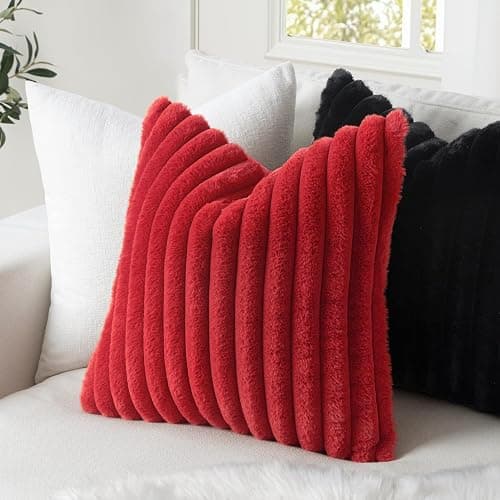 MIULEE Christmas Faux Fur Decorative Throw Pillow Covers 18x18 Set of 2 Red | Modern Soft Plush Couch Pillows, Cozy Fluffy Cushion Covers for Sofa Bed Living Room Home Decor thumbnail 2
