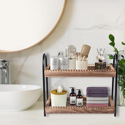 BDBDYEAY Bathroom Countertop Organizer, 2 Tier Vanity Organizer and Storage for Cosmetic Skincare Perfume, Wood Bead Storage Shelf for Bathroom Kitchen Coffee Station thumbnail 6
