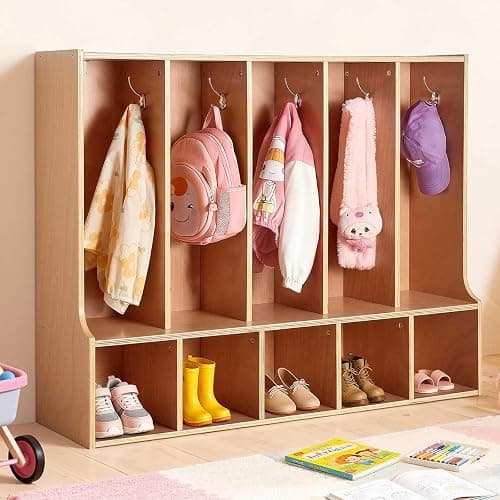 VEVOR 5-Section Coat Locker with Bench, Kids Lockers with 10 Hooks & Non-Slip Mat, Classroom Cubbies for Daycare, Home, Kindergarten- Natural - Image 1