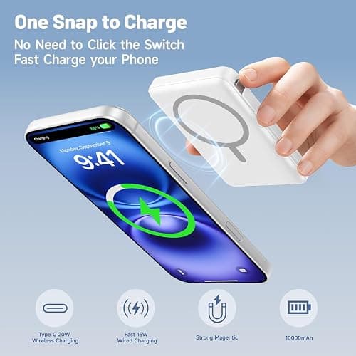 Vexnara Batterie Externe iPhone Magnétique, Compatible avec MagSafe 10000mAh sans Fil Power Bank Charge Rapide avec 2 Câbles Intégrés Affichage LED Compatible iPhone 17/16/15/14/13/Pro/Pro Max-Blanc thumbnail 2