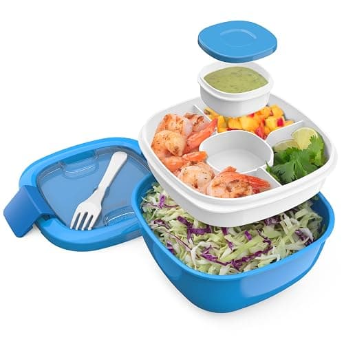 Bentgo Salad Container - 54 oz Bowl with 4-Compartment Toppings Tray, Leak-Proof Dressing Container, Reusable Fork, BPA-Free Lunch Box for Meal Prep & Food Storage; Removable Bento Tray (Blue) - Image 1
