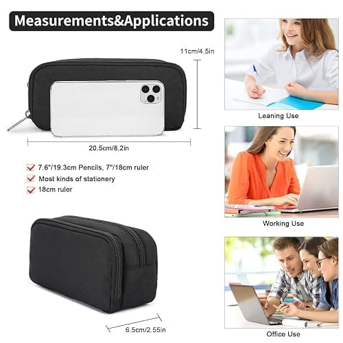Della Gao Pencil Case Large Capacity Pencil Pouch Aesthetic Pencil Box for Office Stationery Organizer, Simple Sturdy Multifunctional Pencil Bag for Men - Black thumbnail 3