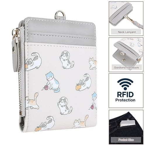 Cynure Women's Rfid Blocking Lanyard ID Credit Card Holder Compact Leather Bifold Wallet With Zipper Pocket, floral grey thumbnail 4