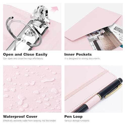 Ospelelf Vintage Hardcover 3 Ring 1 inch Leather Binder, Professional Binders Organizer Suitable for Letter Size Documents, Binder Dividers with Tabs, Faux Pink Leather thumbnail 4