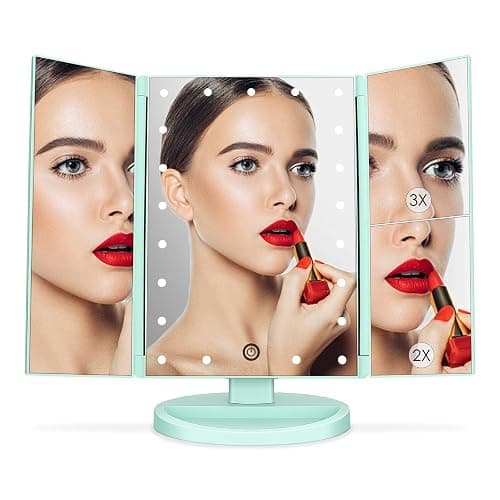 deweisn Tri-Fold Lighted Vanity Tabletop Mount Mirror with 21 LED Lights, Touch Screen and 3X/2X/1X Magnification, Two Power Supply Mode Make up Mirror,Travel Mirror thumbnail 6