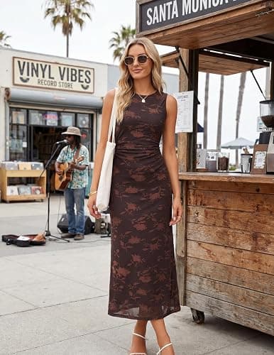 MEROKEETY Women's Summer Sleeveless Floral Bodycon Dress 2026 Spring Mesh Wedding Guest Cocktail Formal Party Maxi Dresses thumbnail 3