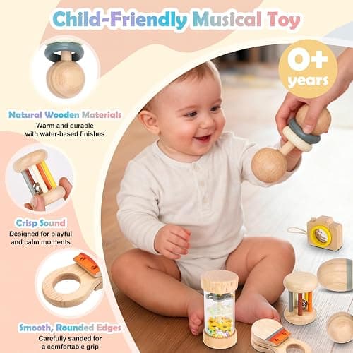 Montessori Wooden Baby Toys 0-12 Months, 7-Piece Sensory Rattle & Music Set | Rain Sound Tube and Rattle Roller for grasping, shaking, rolling, sound discovery and visual exploration with Storage Bag thumbnail 5
