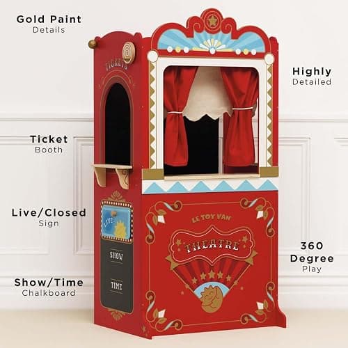 Le Toy Van Large Floor Standing Wooden Educational Puppet Theater | Red and Gold design, FSC Certified Wood, Non-Toxic Water-Based Paints, Plastic Free thumbnail 3