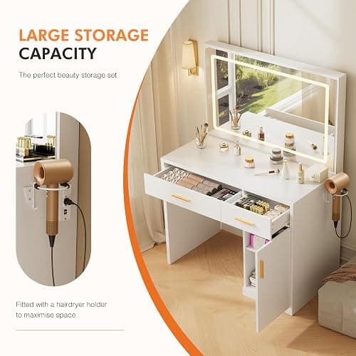 Sweetcrispy Vanity Desk with 35.4" LED Mirror and Lights, Makeup Vanity Table with Charging Station (2AC/USB/C), 2 Drawers & Large Cabinet, 3 Lighting Color Adjustable, Modern Dressing Table, White thumbnail 6