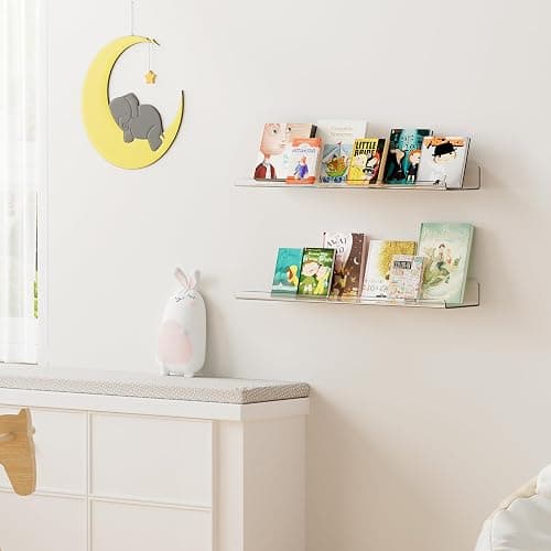 upsimples 2 Pack 23.6x5.5 Inches Acrylic Shelves for Wall Storage, Floating Bookshelves for Kids, Display Shelf Organizer for Bathroom, Bedroom, Living Room, Kitchen, Clear thumbnail 2