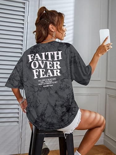 BANGELY Faith Over Fear Shirt Women Graphic Shirts Oversized Workout Gym Christian Religious Tees Drop Shoulder Tee Tops thumbnail 3
