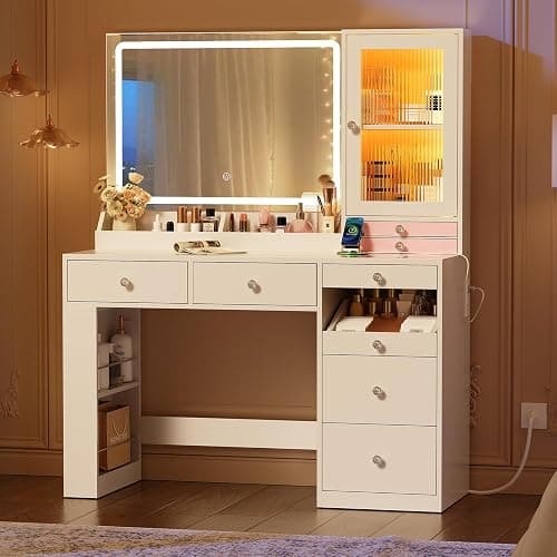 MSmask Makeup Vanity Desk with Mirror and Lights & Large LED Cabinet, Vanity Table with 2 Jewelry Boxes, 6 Drawers & Shelves, Dressing Table with Power Outlets for Women Girls Bedroom, White thumbnail 3