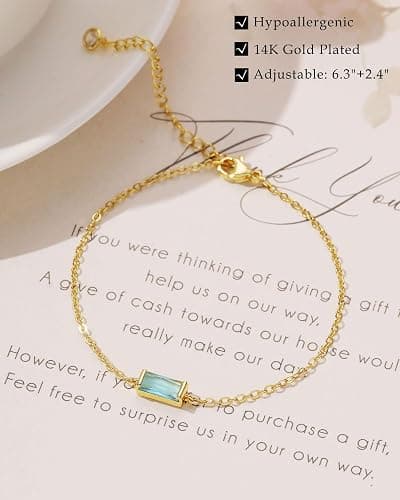 FUNEIA Birthstone Gold Bracelets for Women Non Tarnish Trendy Dainty 14K Gold Plated Bracelet Stack Stackable Blue Green May Emerald Friendship Bracelets Jewelry Gifts for Mom Best Friend thumbnail 4