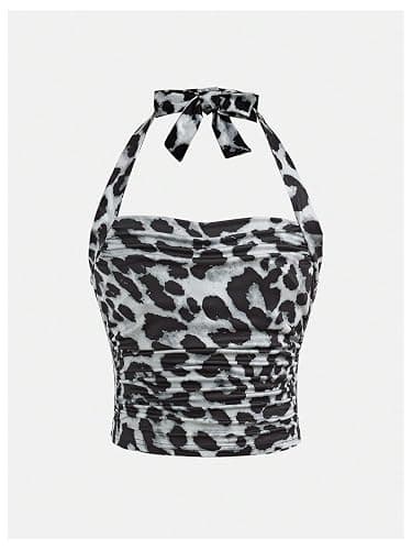 Floerns Girl's 2 Pcs Sleeveless Halter Top Leopard Print Ruched Y2k Tank Top thumbnail 4